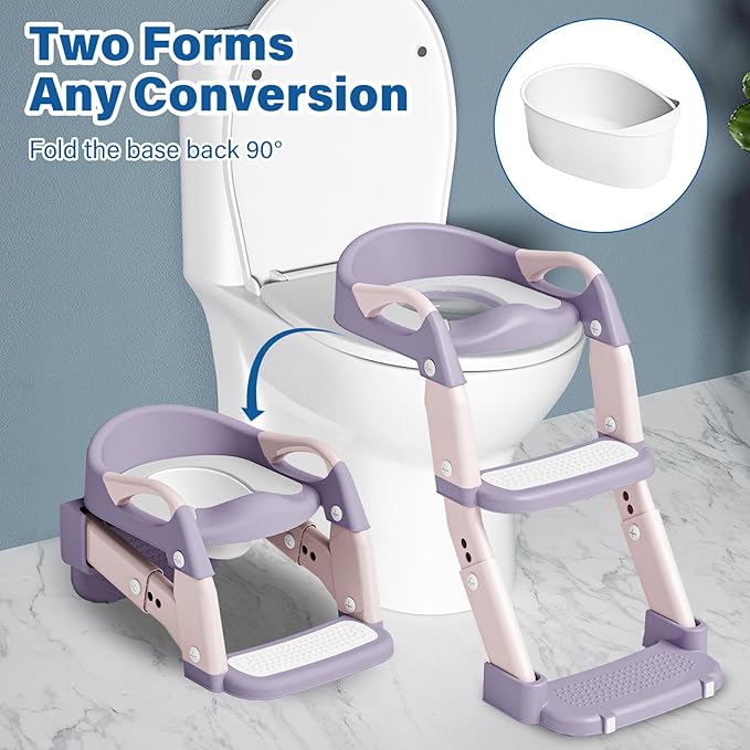 3 in 1 Potty Training Seat for Toddlers Adjustable Toilet Trainer with Anti-Slip Steps and Splash Guard Converts to Step Stool & Child Toilet Chair Foldable Design for Boys & Girls(Purple)