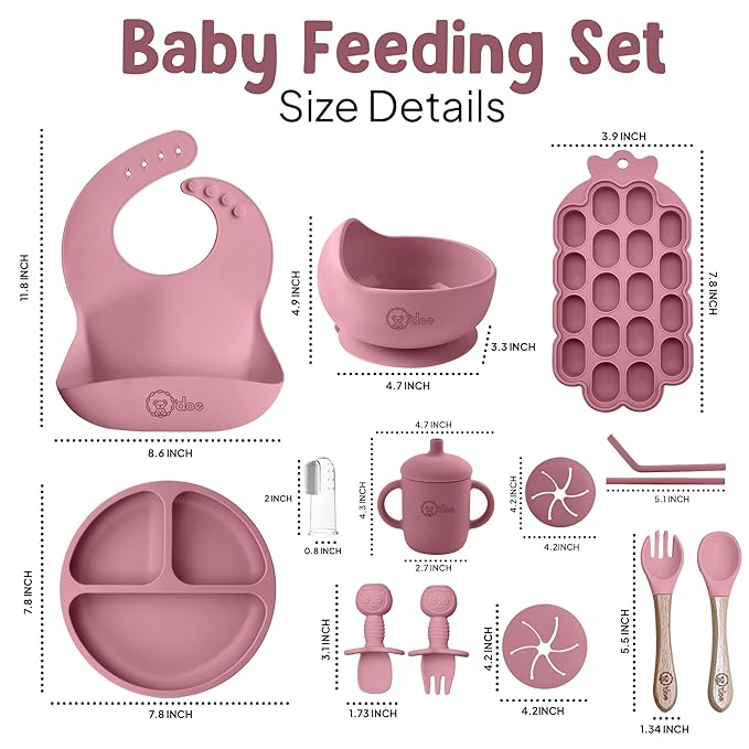 O'doe Baby Weaning Set – 15 Pcs Silicone Baby Feeding Set with Suction Plate, Bowl, Bib, Sippy Cup, Fruit Feeder & Freezer Tray – Baby Plates and Bowls Set for 3M+ | BPA-Free Baby Dishes & Utensils
