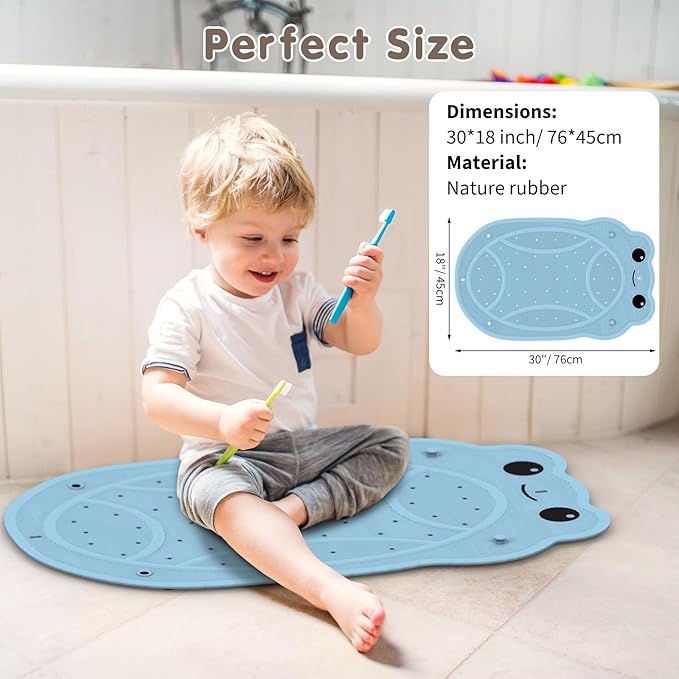 Bathtub Mat Non Slip, Kids Bath Mat 30"x 18", Bath Mat for Tub Non Slip with Strong Suction and Textured Surface, Natural Rubber Latex Free PVC Free Safe for Baby, Frog Pattern, Blue