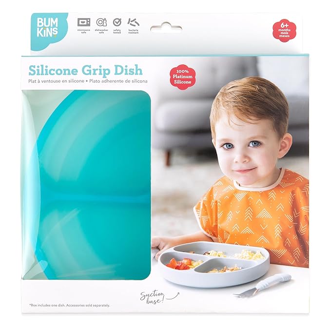 Bumkins Toddler and Baby Suction Plate, Silicone Divided Grip Dish for Babies and Kids, Baby Led Weaning, Children Feeding Supplies, Non Skid Sticky Bottom, Ages 6 Months Up, Blue Jelly