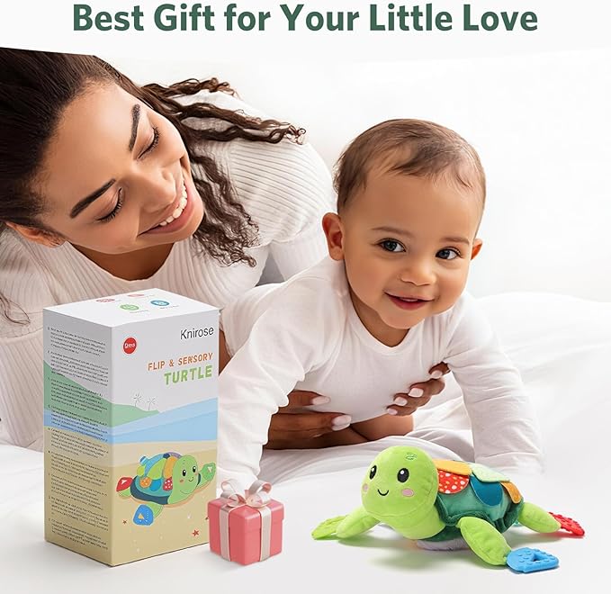 Turtle Baby Sensory Toy, 6 in 1 Montessori Tummy Time Toys Baby Texture Toys, Flip Scales & Multi-Textured Belly & Rattle Squeaker Teethers, Early Educational Toys for 0-3 Years Newborn to Toddler