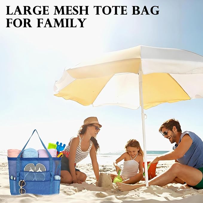 Mesh Beach Bag, Large Beach Tote with Zipper Pocket for Family Pool Bag for Toys & Vacation Essentials