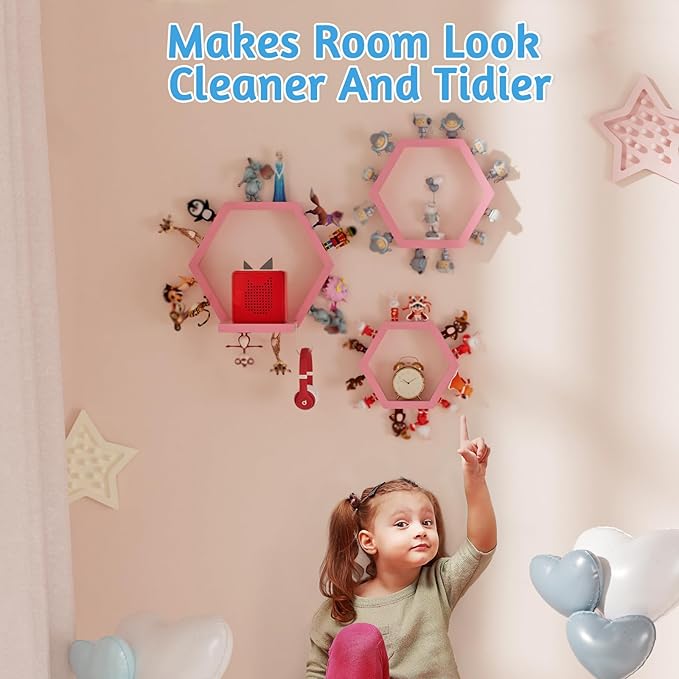 Hexagon Tonies Shelf Magnetic - Tonies Storage Shelf Set of 3 for Kid Room, Wooden Magnetic Display Shelf for TonieBox Holder, Wall Floating Shelves Toy Storage Compatible with Tony Accessories(Pink)