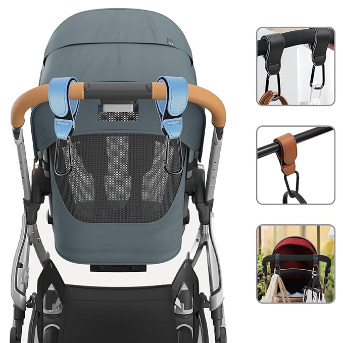 4 Pcs Leather Stroller Hook, Mommy Stroller Clip, Stroller Accessories Organizer Hook, Metal Hook for Strollers/Walkers/Mobility Scooter/Wheelchair/Rollator(SkyBlue)