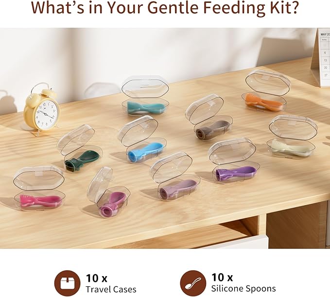 10-Pack Bulk Baby Food Pouch Spoons β Ultimate Daycare & Home Value Set β Universal Fit Silicone Dispensing Tips for Reusable & Disposable Pouches β Dishwasher Safe Spoons with 10 Travel Cases