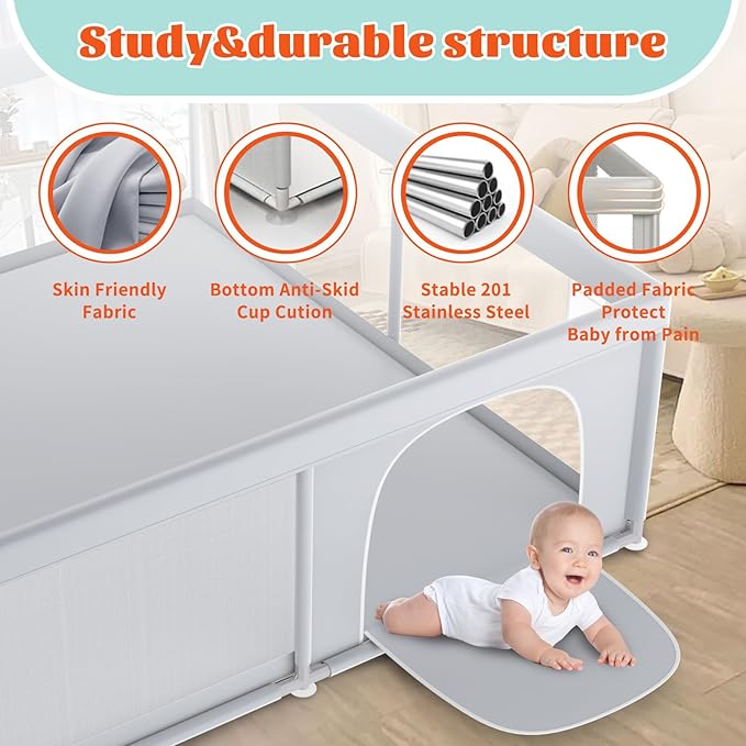 Baby Playpen, 79''x79'' Extra Large Playpen for Babies and Toddlers, Baby Fence Play Pen for Indoor & Outdoor, with Soft Breathable Mesh Grey