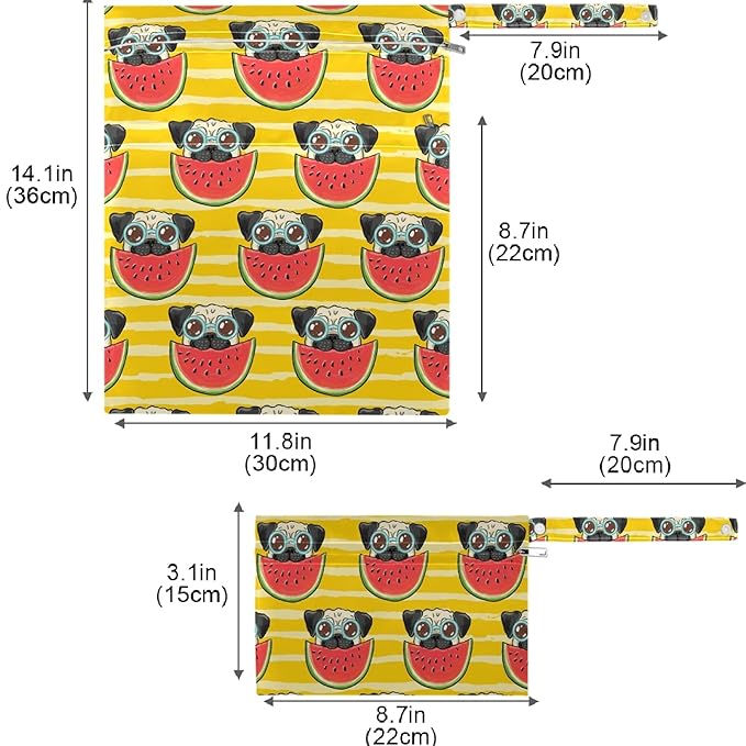 visesunny Bulldog Eatting Watermelon Yellow Stripe Cartoon Animal 2Pcs Wet Bag with Zippered Pockets Washable Reusable Roomy for Travel,Beach,Pool,Daycare,Stroller,Diapers,Dirty Gym Clothes, Wet Swims