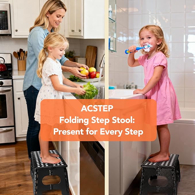 ACSTEP Foldable Step Stool for Kids and Adults,15-Inch Extra Wide 9-Inch Height (2 Pack) More Safe and Comfortable Holds Up to 300 lbs Folding Step Stool for Bathroom, Garden, Kitchen(Black)