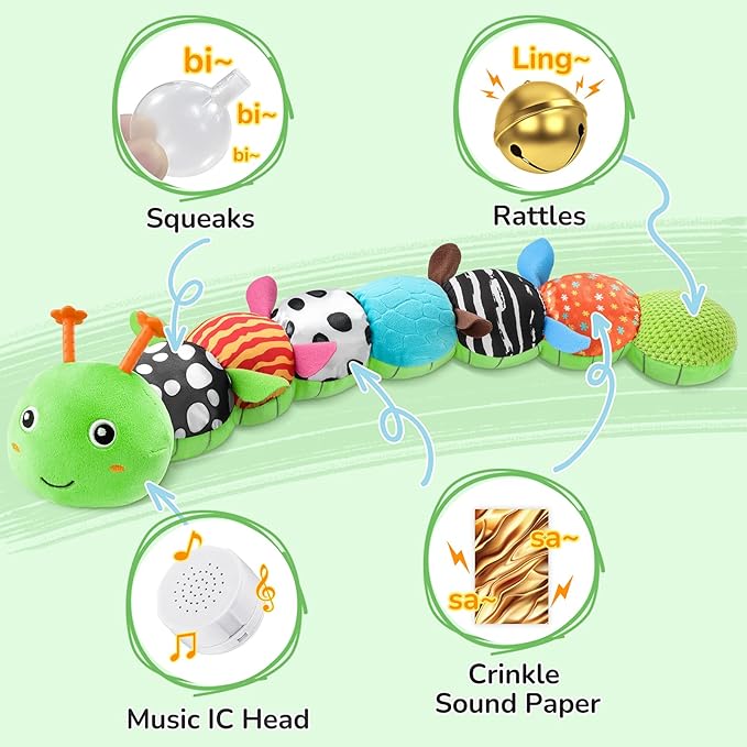 Baby Toys 6-12 Months Music Caterpillar,Stuffed Animals Infant Toys 0-3-6 Months,Baby Sensory Toys Tummy Time with Crinkle Rattle Teething Toys for Newborn Boys Girls Gifts Birthday|Grass Green