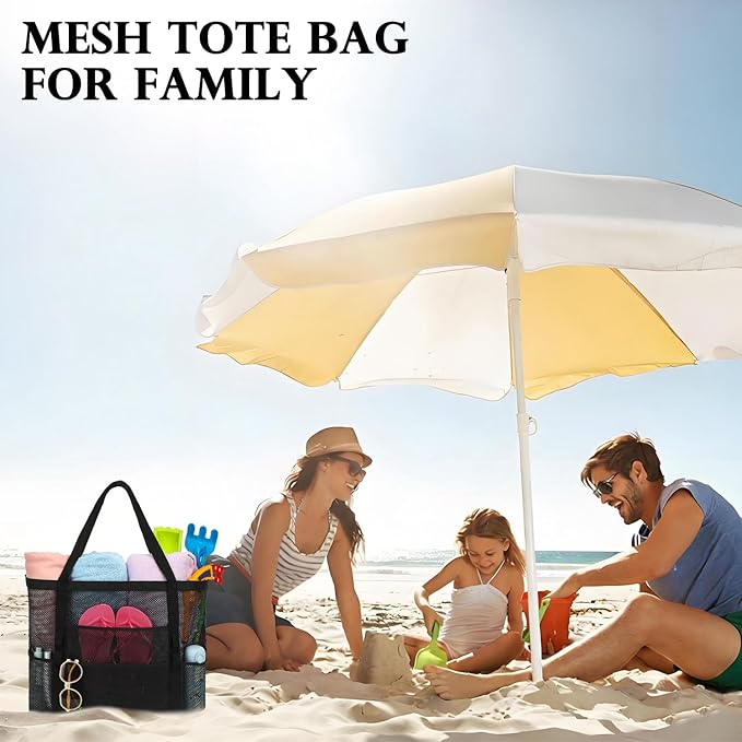 Mesh Beach Bag, Large Beach Tote with Zipper Pocket for Family Pool Bag for Toys & Vacation Essentials