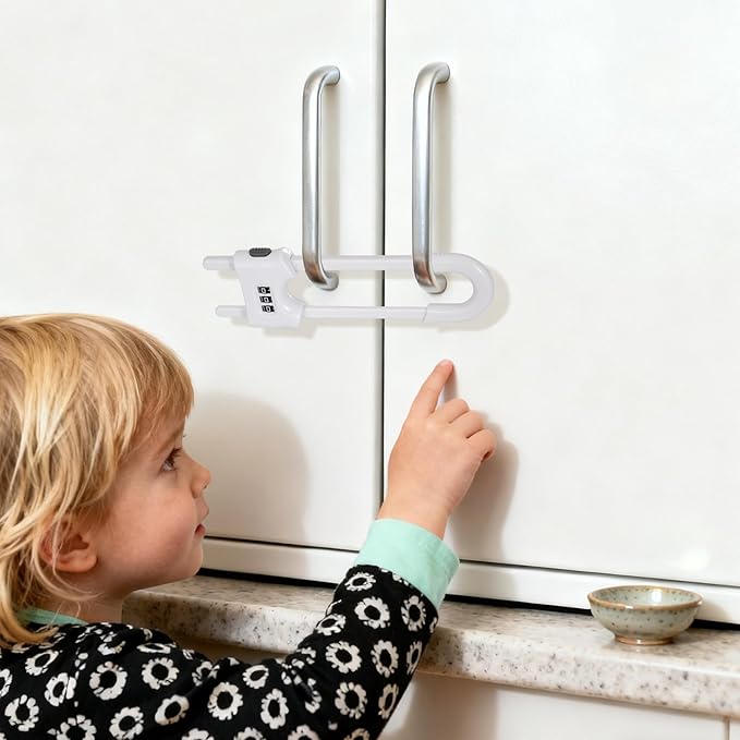 4 Pack Cabinet Locks with Combination U Shaped Sliding Cabinet Door Lock Child Proof Cupboard Locks Baby Proof Adjustable Safety Lock for Closet Code Latches Knob Handle Drawers - White