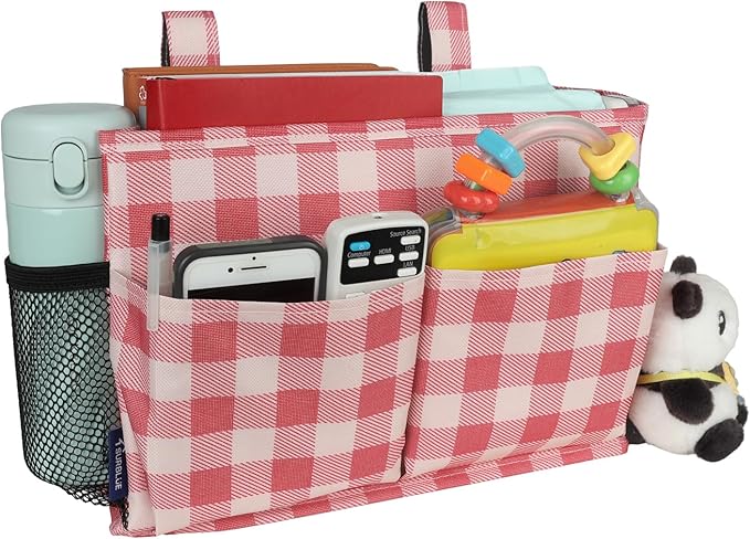 Surblue Bedside Caddy Hanging Bed Organizer Storage Bag Pocket for Bunk and Hospital Beds, College Dorm Rooms Baby Bed Rails, Camp 4 Pockets and 2 Hooks (Small,Red Plaid)