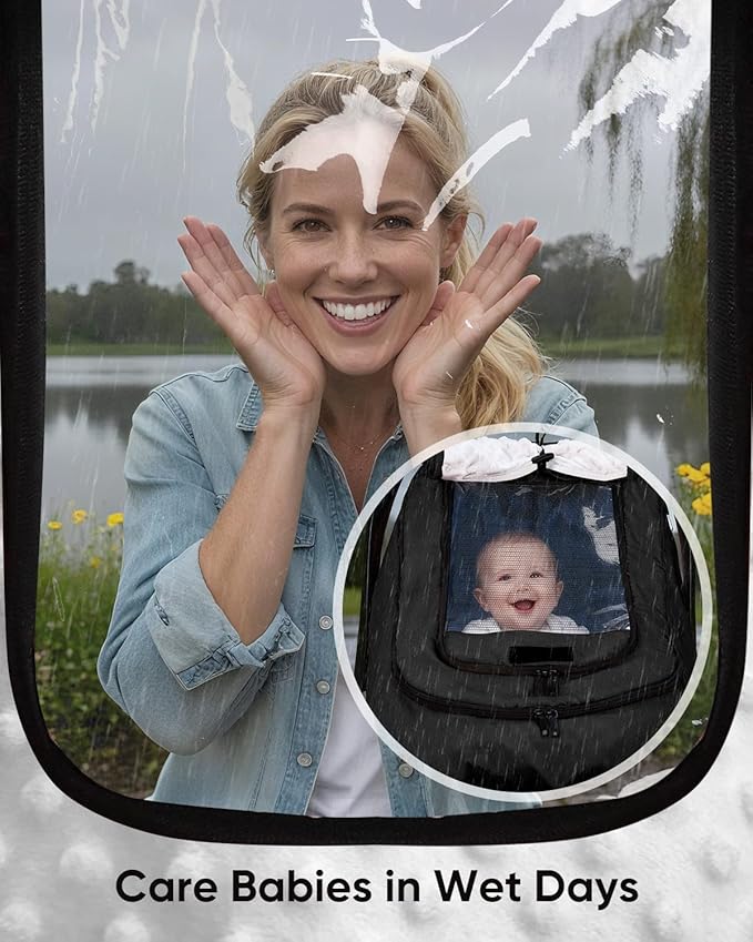 Waterproof Car Seat Cover for Baby, 2-Layer Car Seat Rain Cover with Clear Window & Sunshade & Mesh Cover, Universal Infant Carseat Canopy for Stroller, Protect from Rain and Snow - Black