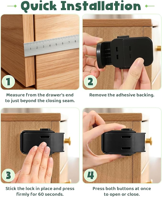 6 Pack Drawer Locks Black, Roctee Baby Proofing Lock for Right Angle Drawer Pull Out Thin Dresser Kitchen Cabinet Bedside Tables, Safety Latch Child Proofing 0-12 Month