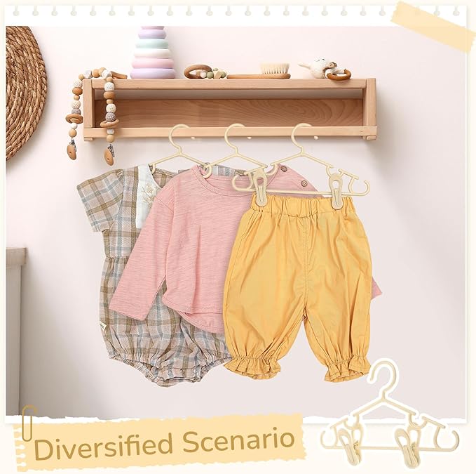 Hsei 5/10/40 Pack Baby Hangers with 10/20/80 Clips, Plastic Kids Pants Hangers for Nursery Closet Top and Bottom Clothes Hanger Set for Newborn Infant Toddler(30 Packs Total,Yellow,10.6 Inch)