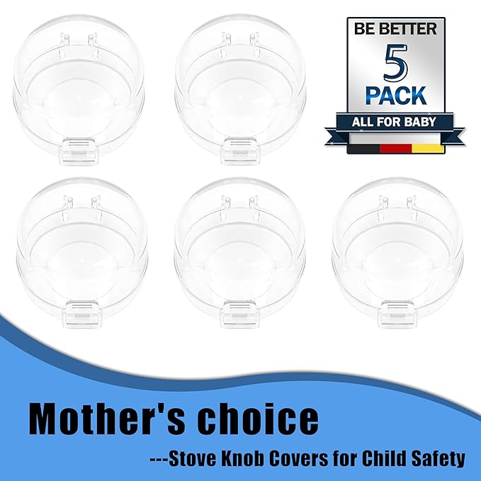 Stove Knob Safety Covers, Stove Knob Covers for Child Safety, Gas Stove Knob Locks, Prevent Baby Pets from Turning on Stoves, Baby proofing, Heat-Resistant Adhesive, (Clear)-5 Pack