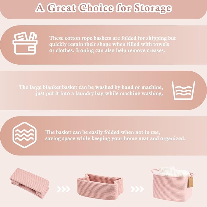 Goodpick Woven Storage Basket for Shelves, Small Baskets for Organizing, Rectangle Baby Nursery basket, Towel Baskets for Bathroom, Living Room, 13 x 10 x 9 Inches, Light Pink
