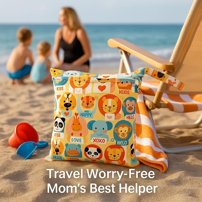 FANALALA Waterproof Wet Dry Bag, Reusable Diaper Pouch with Zipper, Machine Washable Travel Organizer for Beach, Daycare, Kids, Dinosaur Pattern (Orange Lion)