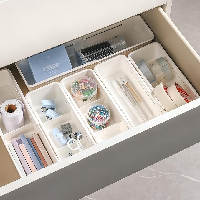 DIMJ Drawer Organizers, Expandable Desk Drawer Organizer Plastic Storage Bins, Dresser Organizer for Nursery,Bathroom, Kitchen, Makeup, Office, White, 4 Pack,2L,2M