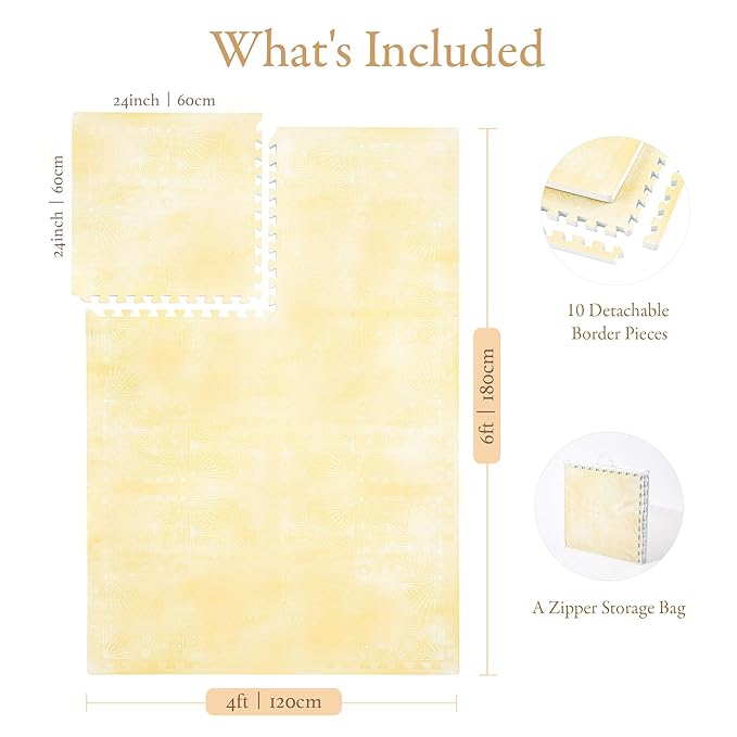 PopsyKosy Premium Baby Floor Play Mat - Extra Thick & Cushioned 1 inch Playroom Foam Mat, Non-Toxic Odorless - 6 Tiles - Spacious 6x4 ft. - Stylish & Large, Waterproof for Kids & Toddlers - Champagne Yellow