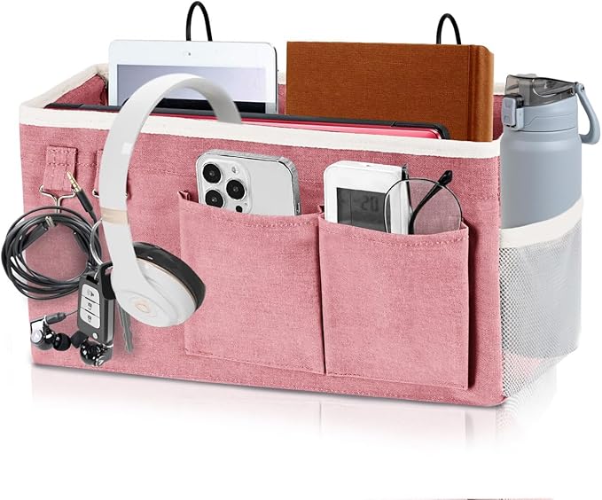 Bedside Caddy Organizer Hanging Storage Bag with Pockets for Books, Magazines, Phone, Tablet & Water Bottle – Bedside Storage for Dorm, Bunk Beds, Hospital Beds & Cribs, Pink