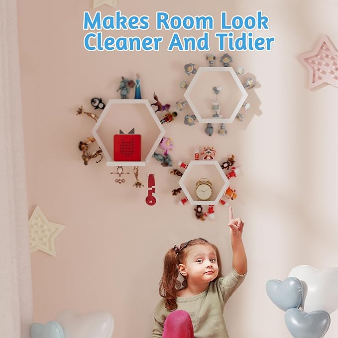 Hexagon Tonies Shelf Magnetic - Tonies Storage Shelf Set of 3 for Kid Room, Wooden Magnetic Display Shelf for TonieBox Holder, Wall Floating Shelves Toy Storage Compatible with Tony Accessories(White)