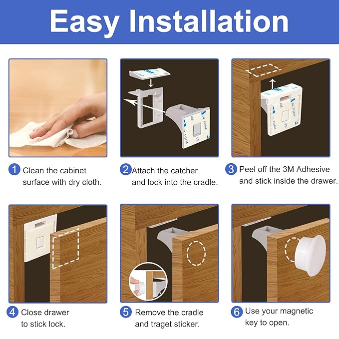 Magnetic Cabinet Locks Baby Proofing - 4 Locks & 1 Key, No Drill Adhesive Safety Latches for Cabinets & Drawers, Child Proof Lock for Kitchen, Toiletries, Strong Magnet Key to Open, Easy Installation
