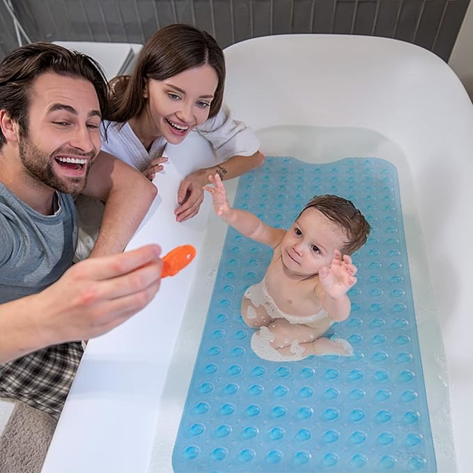 ROSMARUS Shower Mat Extra Long 16” x 39” Non-Slip Bath Mat for Tub with Suction Cups and Drain Holes Bathtub Mats for Kids, Baby, Bathroom Shower Floor Mat Anti Slip Bathtub Accessories, Blue