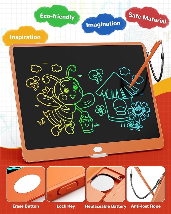TEKFUN LCD Writing, 12inch Colorful Drawing Tablet Writing Pad, Kids Travel Essentials, Kid Toys for 3 4 5 6 7 8 Year Old Girls Boys (Orange)