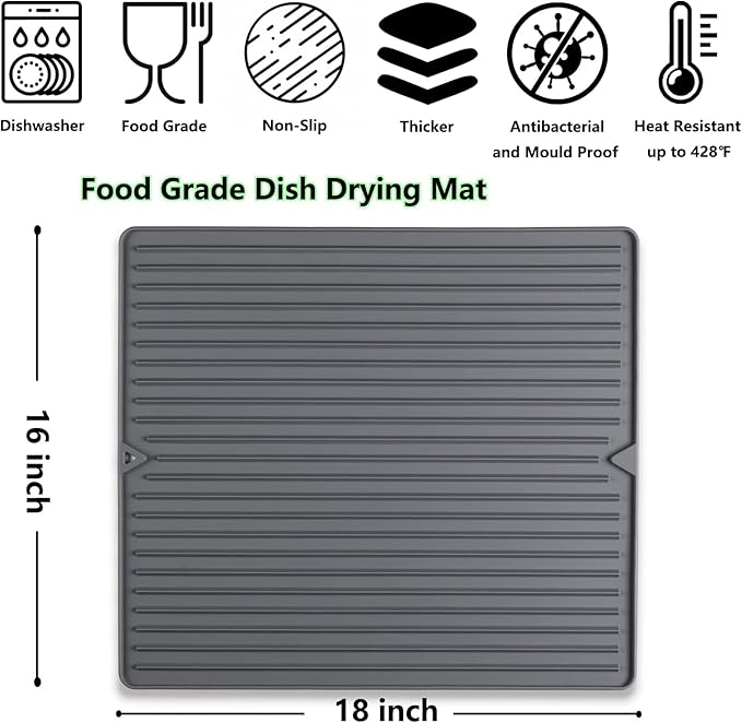 Dish Drying Mat, 16" x 18" Silicone Drying Mat for Kitchen Counter, Large & Thicker Silicone Dish Drying Pad with Raised Edges for Countertop, Multi-Purpose & Heat Resistant