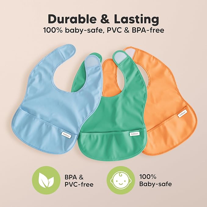KeaBabies 3-Pack Waterproof Baby Bibs for Eating - Lightweight Toddler Feeding Bibs with Large Food Catcher, Mess Proof, Food-Grade Baby Eating Essentials, Easy to Put On & Clean (Basics)