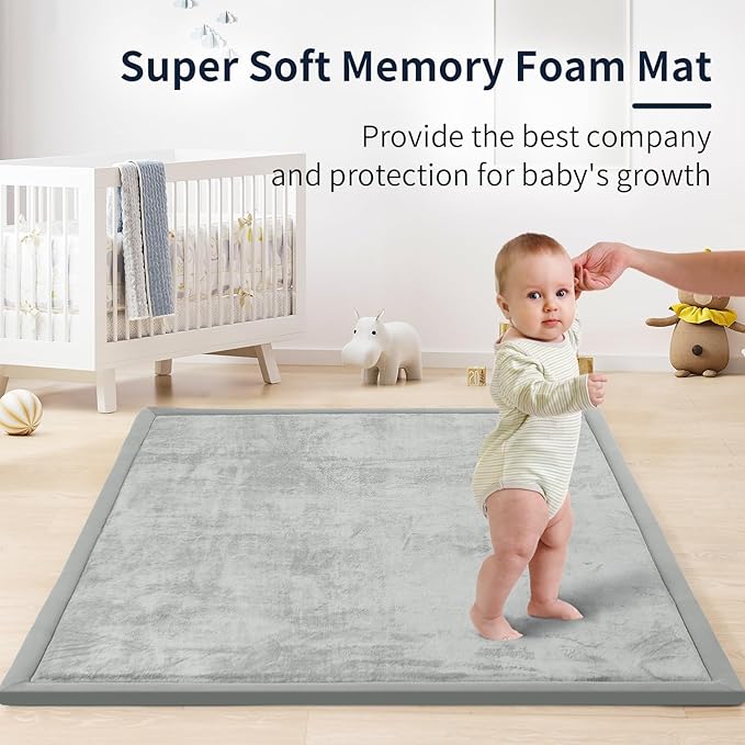 ACOMOPACK Baby Play Mat for Floor 1.3" Thick Memory Foam Play Mat 59"×71" Tummy Time Crawling with Non-slip Bottom for Living Room,Nursery,Soft Velvet Playpen Mats for Kids,Infants(Light Grey)