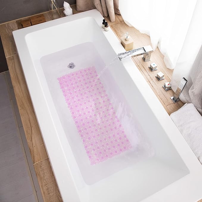 Bath Tub and Shower Mats, Non-Slip Pebble 35 x 16 Inches Machine Washable Bathtub Mat with Drain Holes, Suction Cups for Bathroom (Clear Pink)