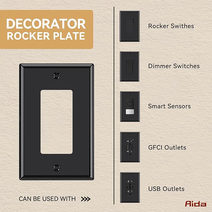 AIDA Decorative Wall Plate, 1-Gang Mid-Size, Unbreakable Polycarbonate Faceplates. Designed for decorator devices, UL Listed,Screws Included(10 Pack, Glossy Black)