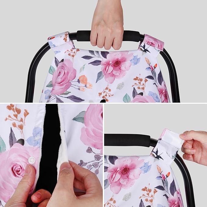 Rquite Car Seat Cover Baby, Carseat Covers Baby Girl, Winter Infant Car Seat Cover, Warm Minky Car Seat Canopy, Baby Carrier Cover with Peekaboo Opening, Multi Use Nursing Cover & Toddler Blanket