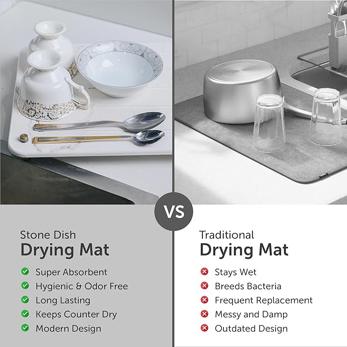 Stone Drying Mat for Kitchen Counter + Sink Caddy | 15.7"x11.8" Diatomaceous Earth Drying Mat with Stainless Steel Feet | Heat Resistant to 450°F | Eco-Friendly & Multipurpose Drying Mat