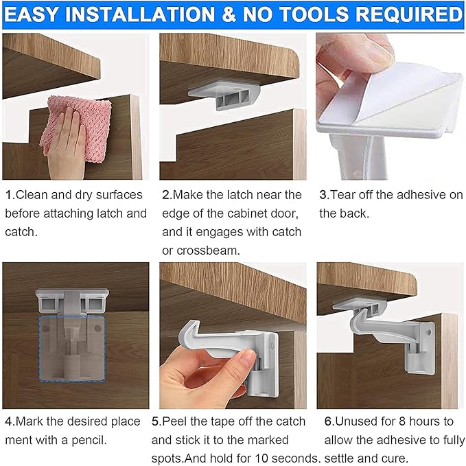 10 Pack Upgraded Invisible Baby Proofing Cabinet Latch Locks - No Drilling or Tools Required, Children Proof Cupboard Drawers Latches, Works with Most Cabinets and Drawers - Adhesive Easy Installation