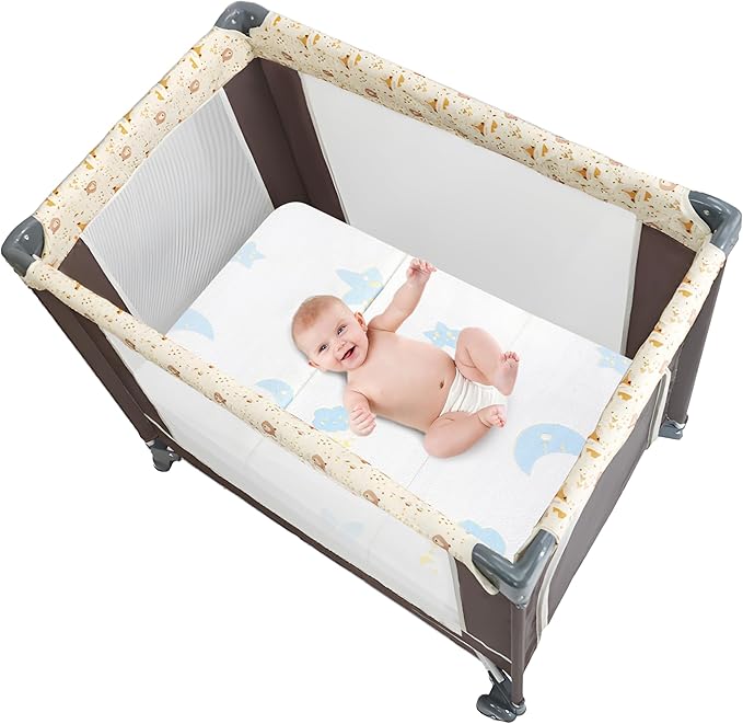 Pack and Play Mattress Pad, Trifold Portable Crib Pack N Play Mattresses, 38 * 26" Inch Jacquard Playpen Mattress for Travel Soft Breathable Play Yard Mattress with Washable Cover (Moon/Star-Trifold)