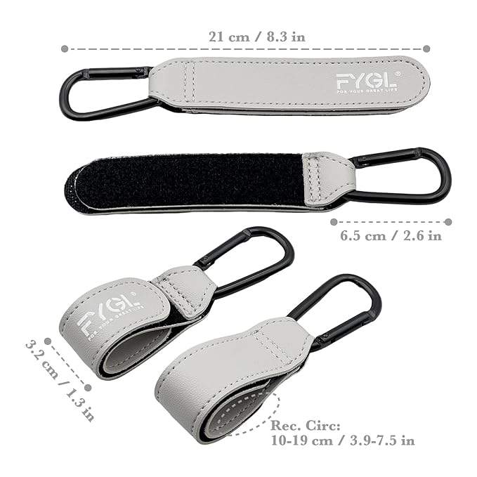 Stroller Hooks - Leather Buggy Clips, Pushchair Carabiner Clip for Bags, Easy Attachment for Pram, Universal Stroller Clips and Hooks, Stroller Accessories - Grey (2 Pack)