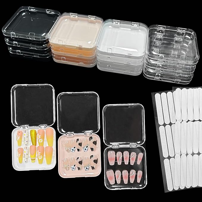 12 Piece Press On Nail Storage Box with 60 Pcs Double Sided Tape - Acrylic Fake Nail Display Box for Home Salon Use