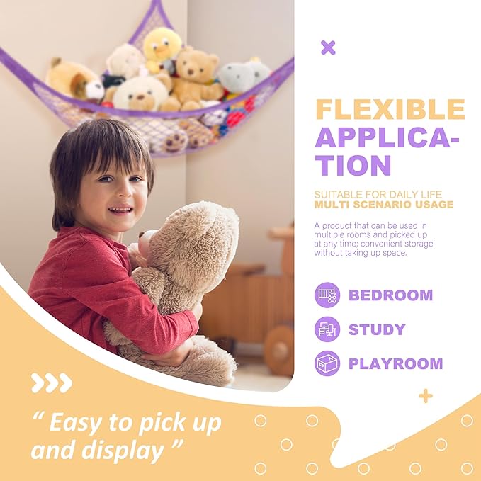 Lazebox Stuffed Animal Net Hammock for Plushie Toys, Stuffed Animal Hammock Corner for Kids' Room Decor, Ideas for Organizing Stuffy Collection, Purple, L (67" x 40" x 40")-Pack of 1