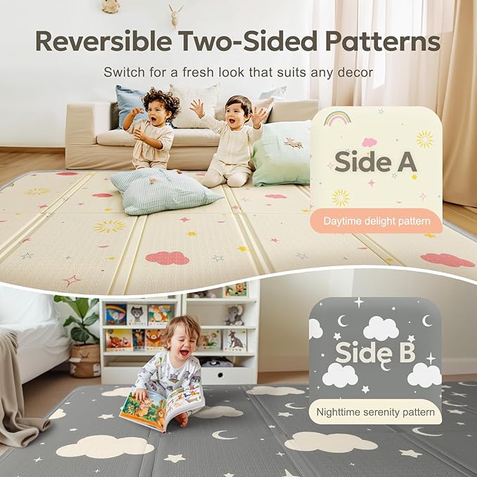 Mallify Extra Large Foldable Play Mat, Reversible Baby Play Mat with Edge Reinforcement, Non-Toxic & Waterproof Baby Mat for Floor, Foam Playmat for Infants Toddlers, Rainbow, Cloud & Moon, 47''x71''