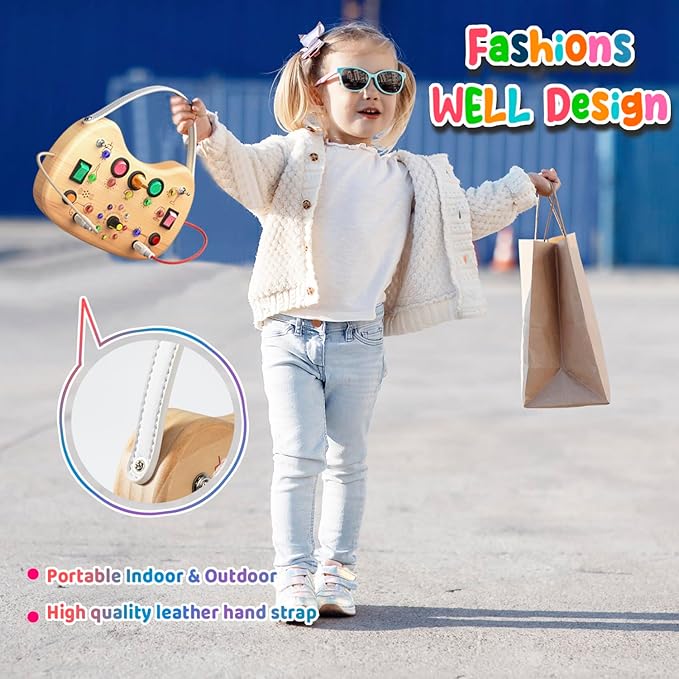 flycoost Montessori Toddler Busy Board, Wooden Busy Board with 17 LED Lights Switch, Travel Toys for Toddlers 1-3 Years,Toddler Sensory Boards, Toys for 1 Year Old Girls