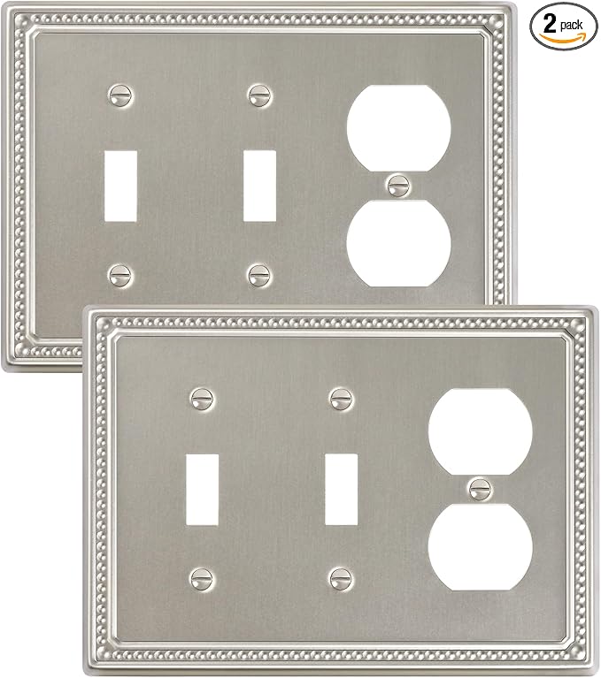 2-Pack Combo Duplex/Double Toggle Light Switch Cover Plate, Brushed Nickel Pearls Decorative Switch Plates and Outlet Covers, Metal Wall Plates for Electrical Outlets