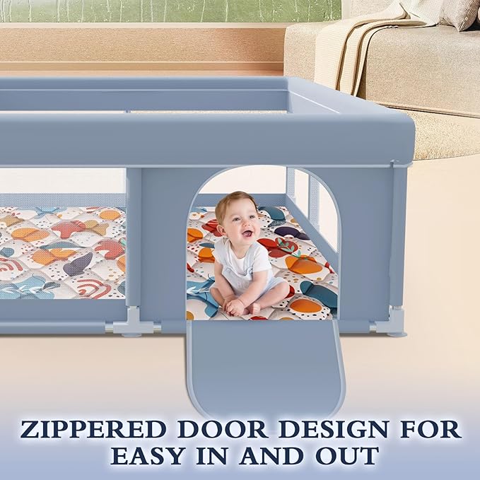 74 x 50 Inch Baby Playpen with Mat, Playpen for Babies and Toddlers, Baby Playard for Indoor & Outdoor Active Center Game Fence, with Skin-Friendly Fabric and Soft Breathable Mesh, Grey