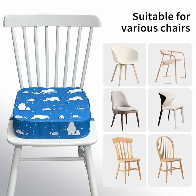 Toddler Booster Seat for Dining Table, Waterproof Kids Booster Seat for Kitchen Chair, High Density Foam Cushion with Non-Slip Bottom, Washable Cover & Adjustable Straps (Polar Bear)