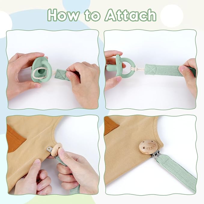 TYRY.HU Ribbon Pacifier Clip Holder,4 Pack Binky Paci Holder Clips, Pacifier Leash for Boys and Girls, Fabric Pacifier Strap Universal Fits for Most Pacifier, Styles & Teethers(Khaki,Grey,Green,Pink)