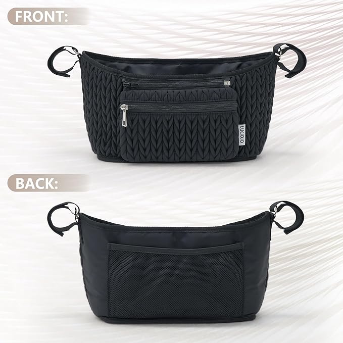 Stroller Organizer - Stylish Quilting Nylon, Universal Fit, Detachable Bag, Adjustable Multi-Storage for Baby Stroller and Pet Stroller(Black-A