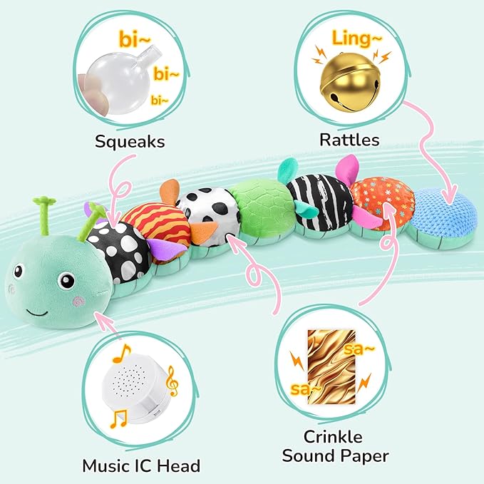 Baby Toys 6-12 Months Music Caterpillar,Stuffed Animals Infant Toys 0-3-6 Months,Baby Sensory Toys Tummy Time with Crinkle Rattle Teething Toys for Newborn Boys Girls Gifts Birthday|Ice Blue
