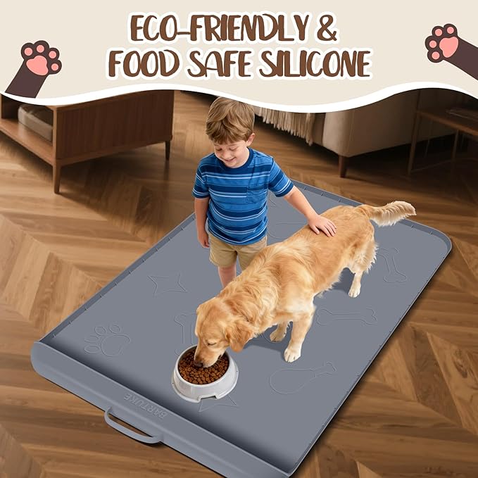 Bartuke Dog Food Mat with Collection Pocket, 42''x28'' Extra Large Silicone Pet Feeding Mat for Food and Water, Waterproof Anti-Slip Dog Mat with Edge and Handle, Pet Placement for Floor (Dark Grey)